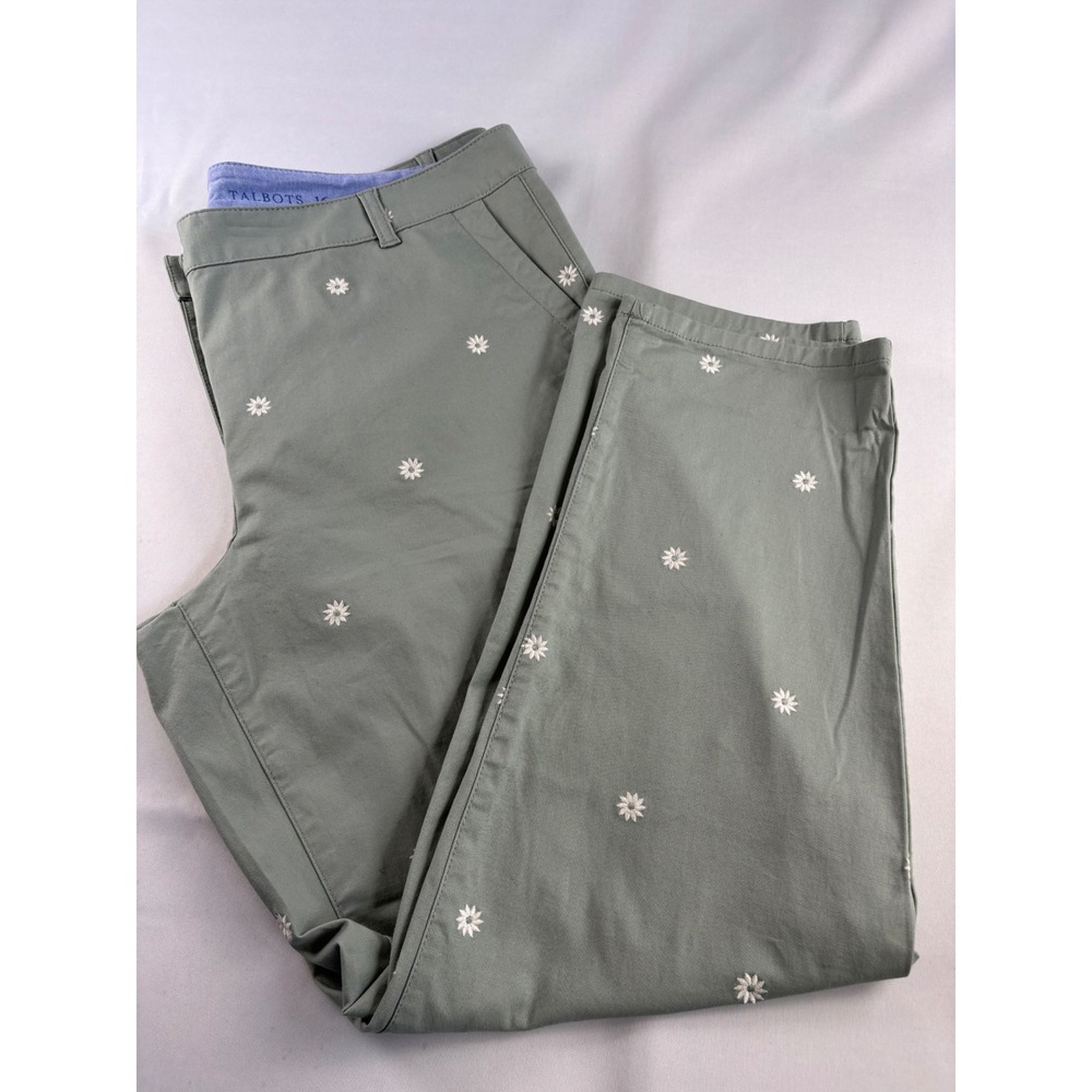 Talbots The Weekend Chino Sage Green Coastal Grandma Floral Daisy Pants SZ 16